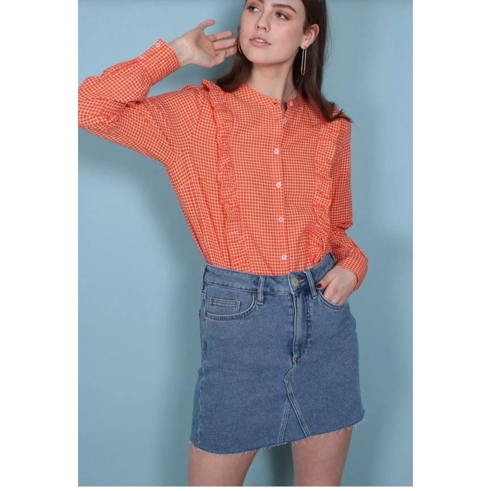 Second Female Leslie Button Shirt Womens Sz M Orange Gingham Ruffles Modern